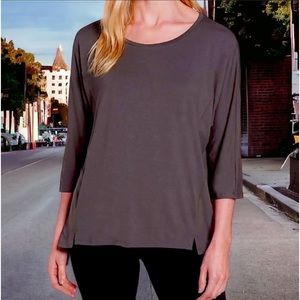 Eileen Fisher VINTAGE Top Jersey Ballet Neck XSmall 2 4 Bark Notched Hem NWT
